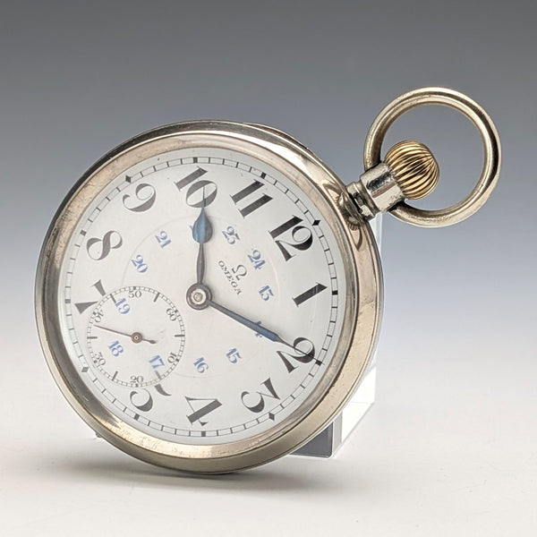 Antique Omega pocket watch from around 1920, diameter 53mm, railroad watch, alloy case, in good working order